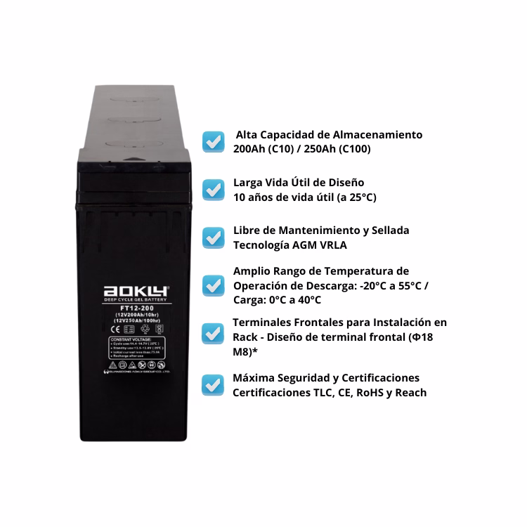 Bateria AGM Frontal AOKLY FT12-200 12V 250AH - Vista principal